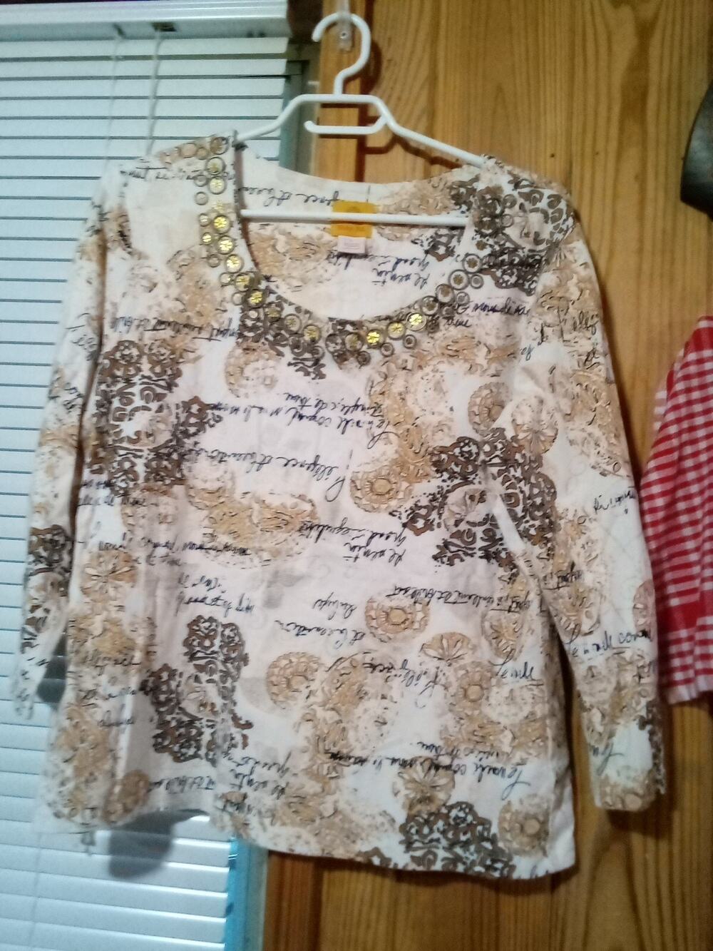 Ruby Red L Women's 3/4 Sleeve Multi Color Neck Embellished Top